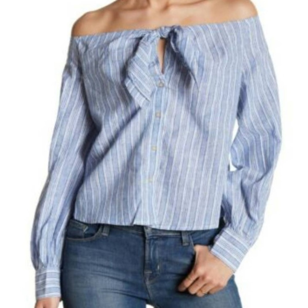 Free People Blue/White Striped Off-The-Shoulder Blouse Top - Picture 1 of 15
